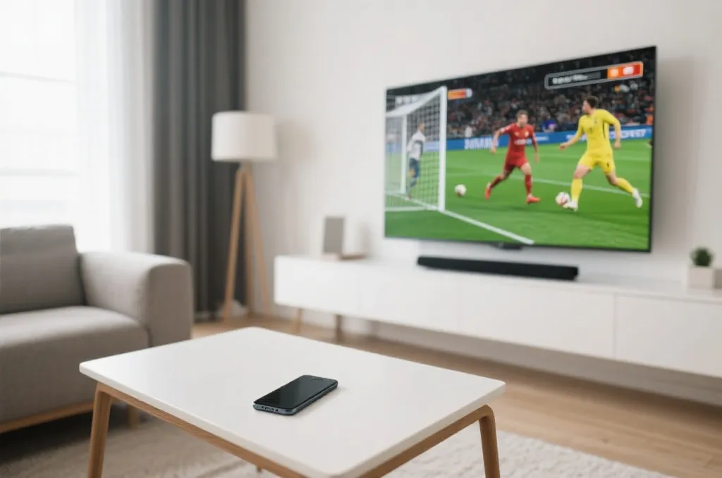 A clean and modern living room featuring a smart TV displaying an action-packed soccer match with a smartphone resting on a coffee table