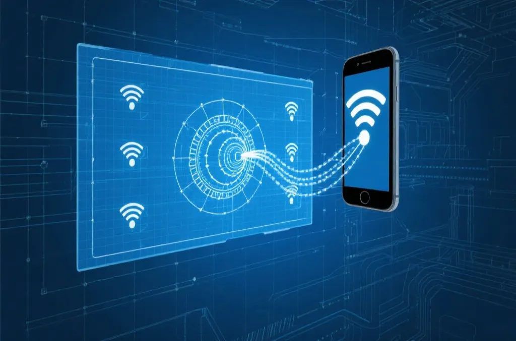 Abstract technical blueprint showing wireless data flow from a mobile device to a large display screen with network wave icons